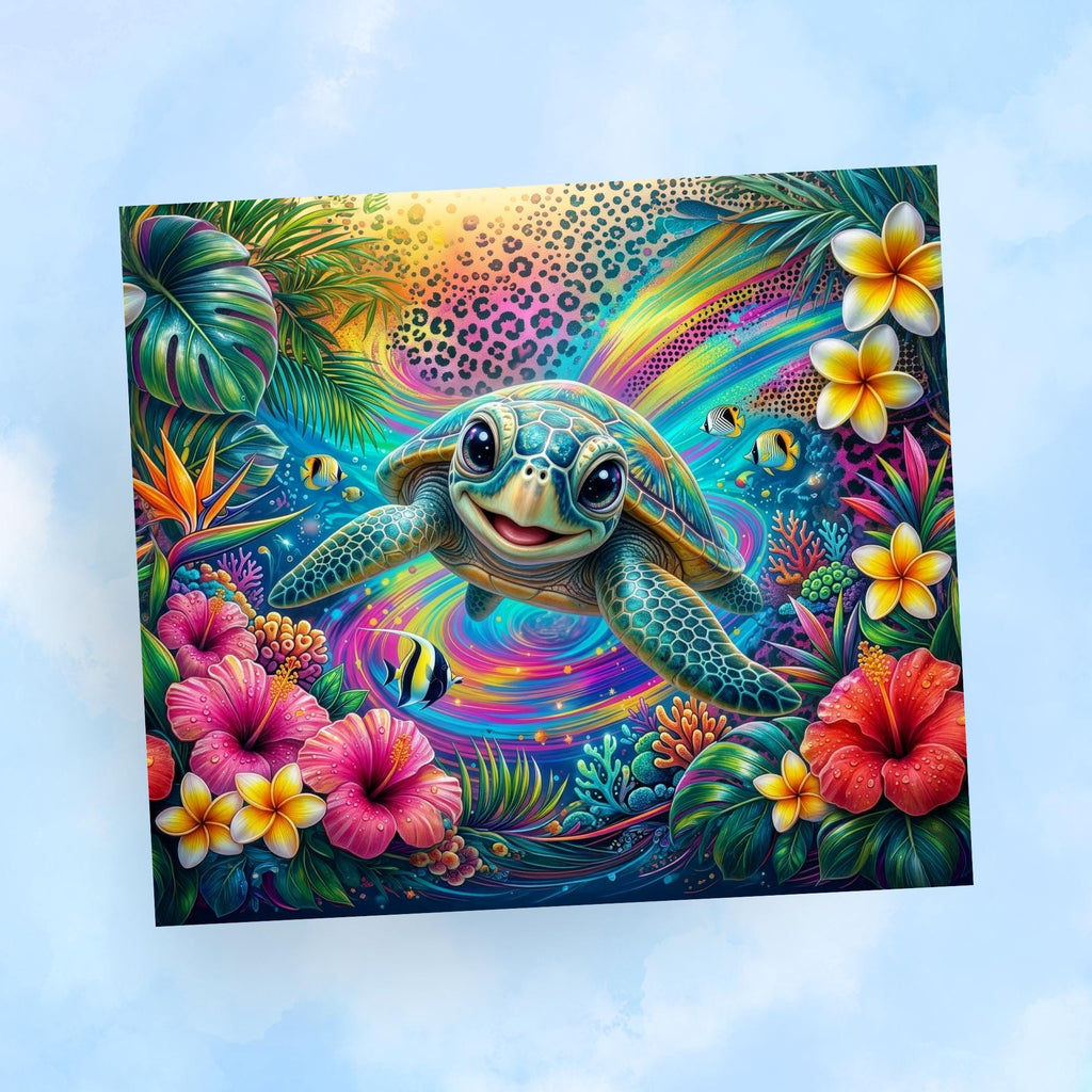 Sea Turtle Tropical Tumbler Wrap PNG with Mockups, Neon Leopard Plumeria Hibiscus 20oz Skinny Sublimation, Colorful Ocean Seamless Download
