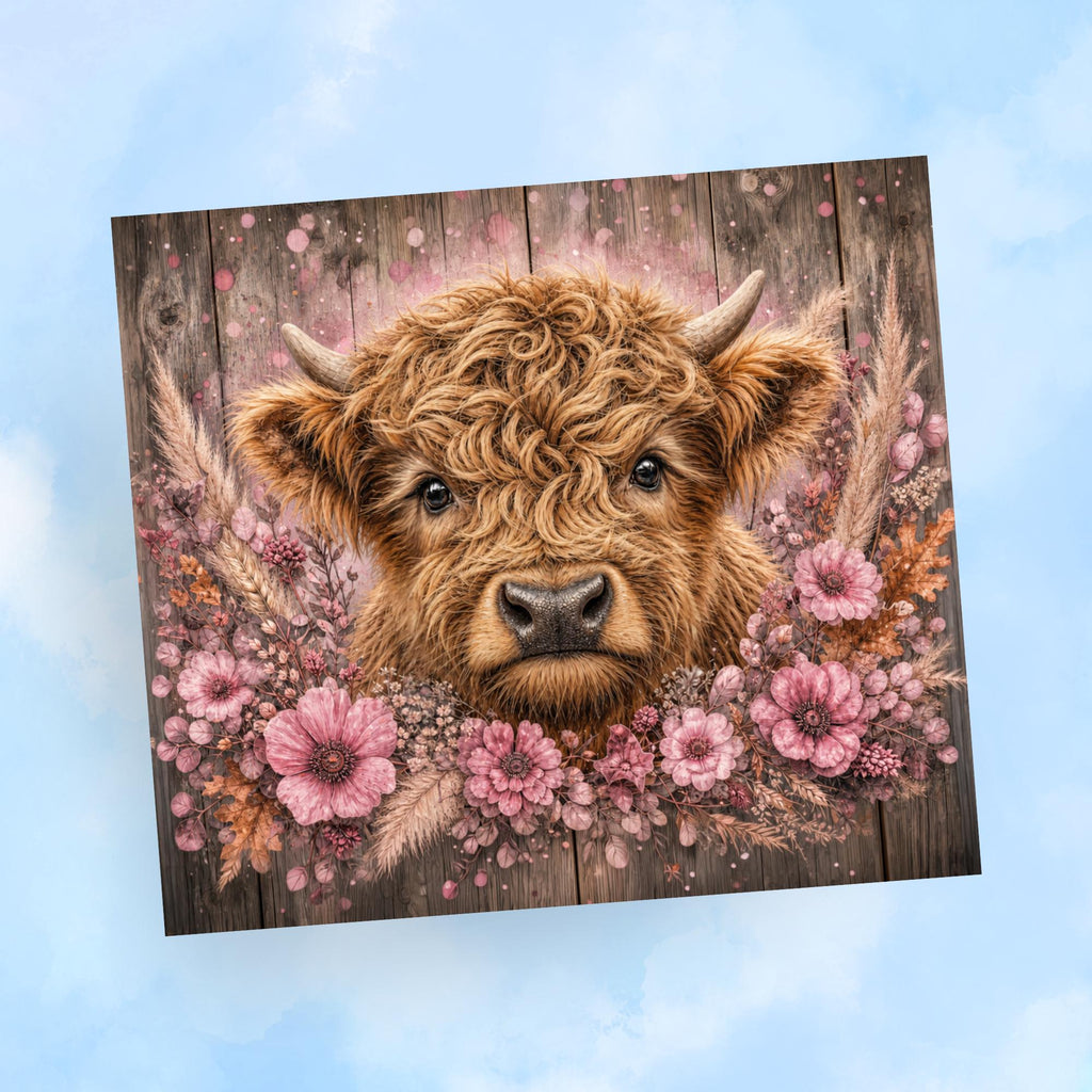 Rustic Highland Cow Tumbler Wrap PNG with Mockups, Vintage Wood Floral 20oz Skinny Sublimation, Dusty Pink Cow Seamless Digital Download