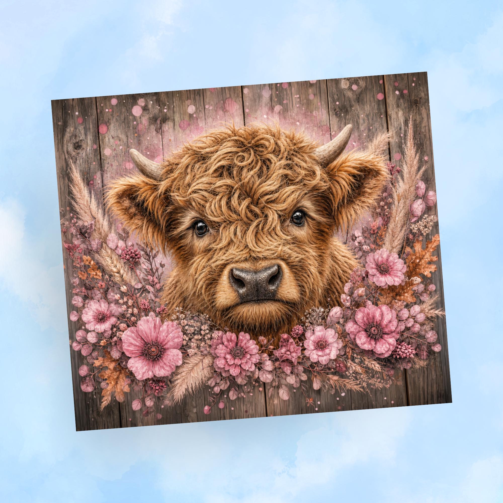Rustic Highland Cow Tumbler Wrap PNG with Mockups, Vintage Wood Floral 20oz Skinny Sublimation, Dusty Pink Cow Seamless Digital Download