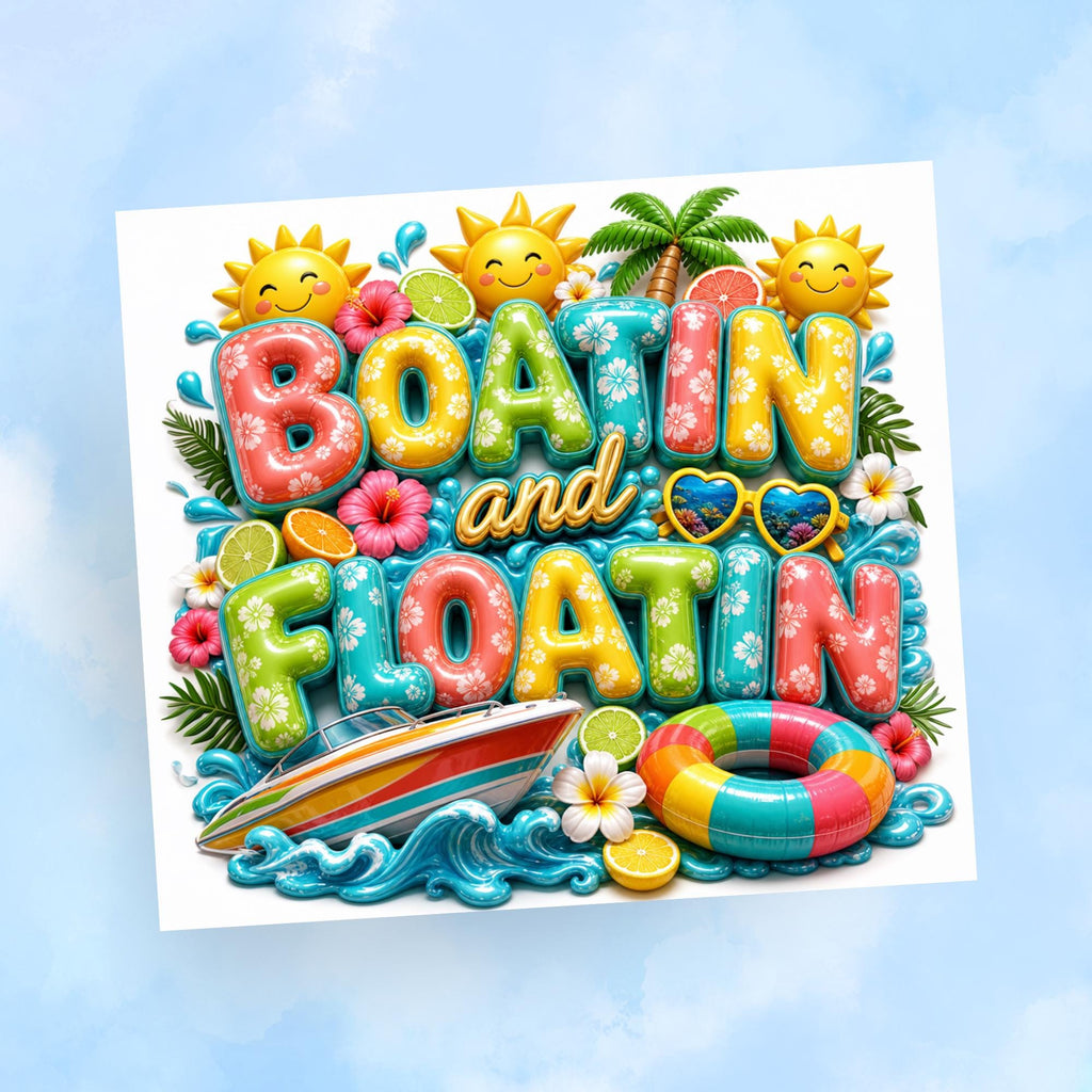 Boatin and Floatin Tumbler Wrap PNG with Mockups, Summer Lake Life Pool 20oz Skinny Sublimation, 3D Inflated Letters Seamless Download