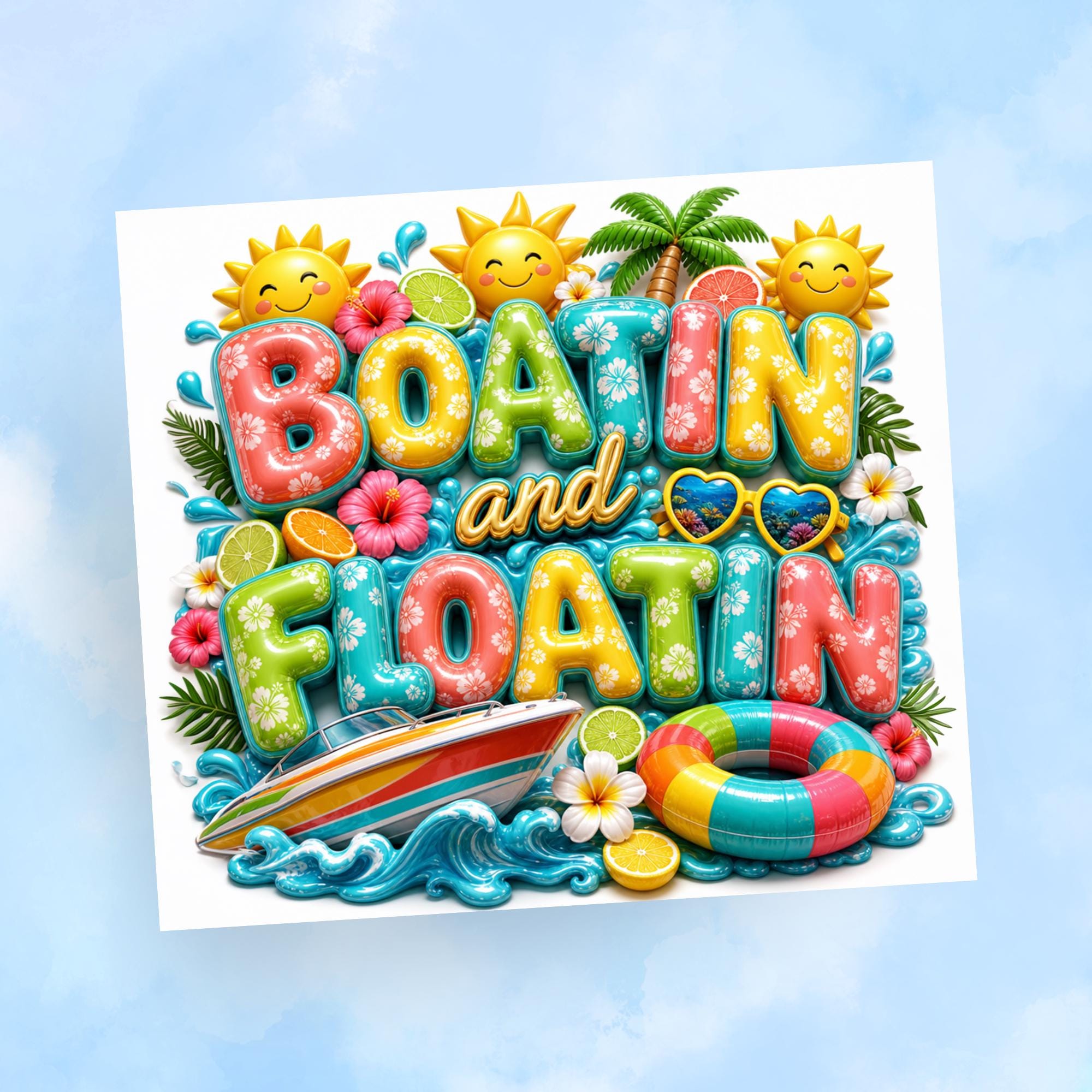 Boatin and Floatin Tumbler Wrap PNG with Mockups, Summer Lake Life Pool 20oz Skinny Sublimation, 3D Inflated Letters Seamless Download