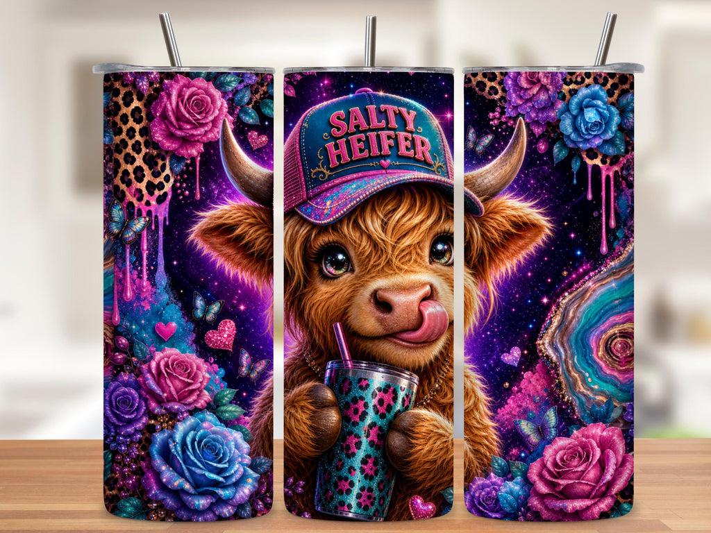 Salty Heifer Highland Cow Tumbler Wrap PNG with Mockups, Neon Leopard Glitter Rose 20oz Skinny Sublimation, Western Agate Seamless Download