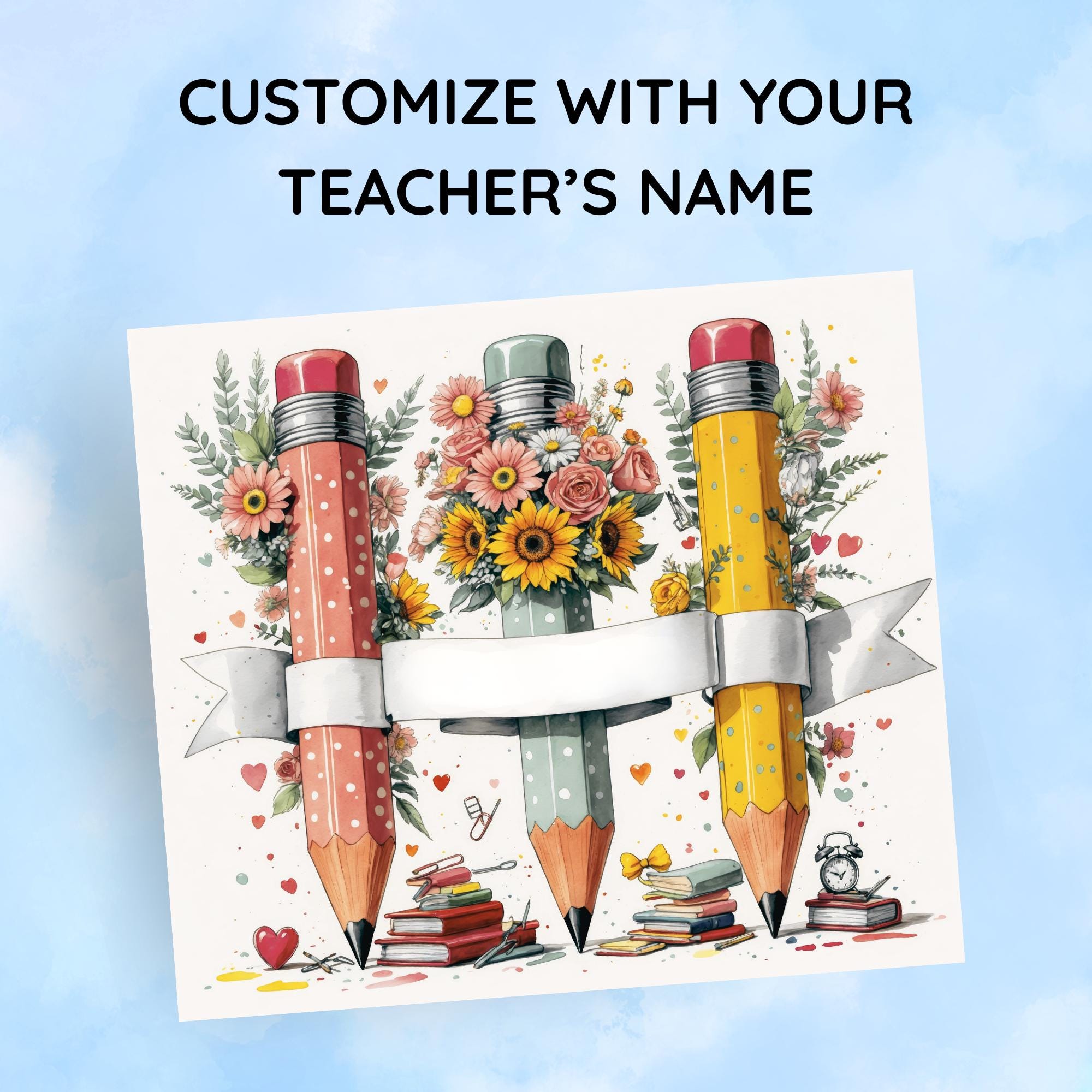 Custom Teacher Pencil Tumbler Wrap PNG, Floral Pencil 20oz Skinny Sublimation Design, Personalized Teacher Gift, Seamless with Mockups