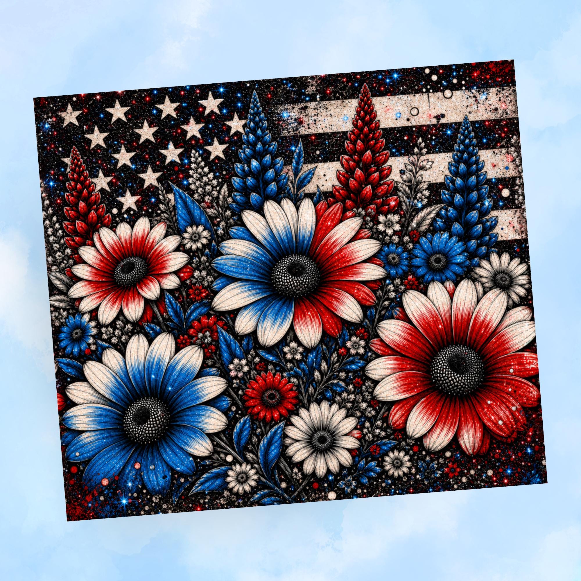 Patriotic Floral Tumbler Wrap PNG with Mockups, Red White Blue Daisies American Flag 20oz Skinny Sublimation, Glitter Seamless Download
