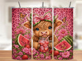 Watermelon Highland Cow Tumbler Wrap PNG with Mockups, Cute Pink Leopard Floral 20oz Skinny Sublimation, Summer Cow Seamless Download