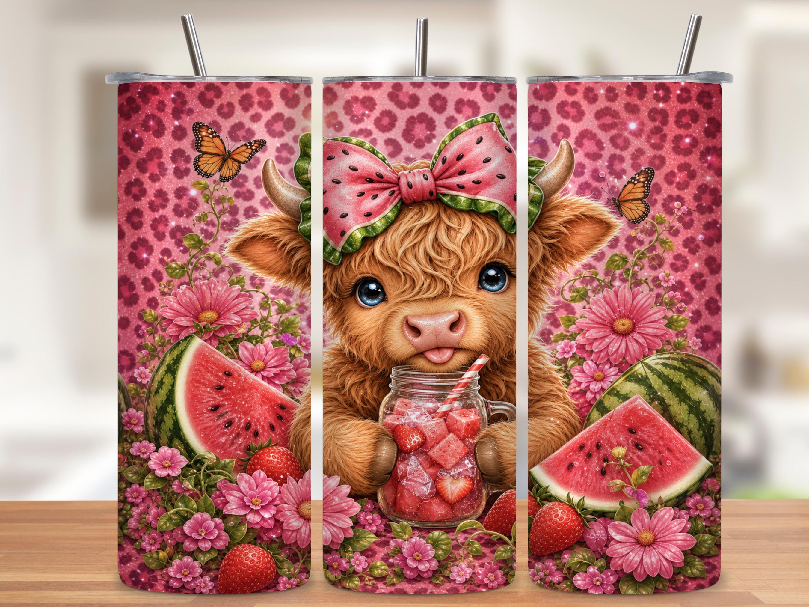 Watermelon Highland Cow Tumbler Wrap PNG with Mockups, Cute Pink Leopard Floral 20oz Skinny Sublimation, Summer Cow Seamless Download