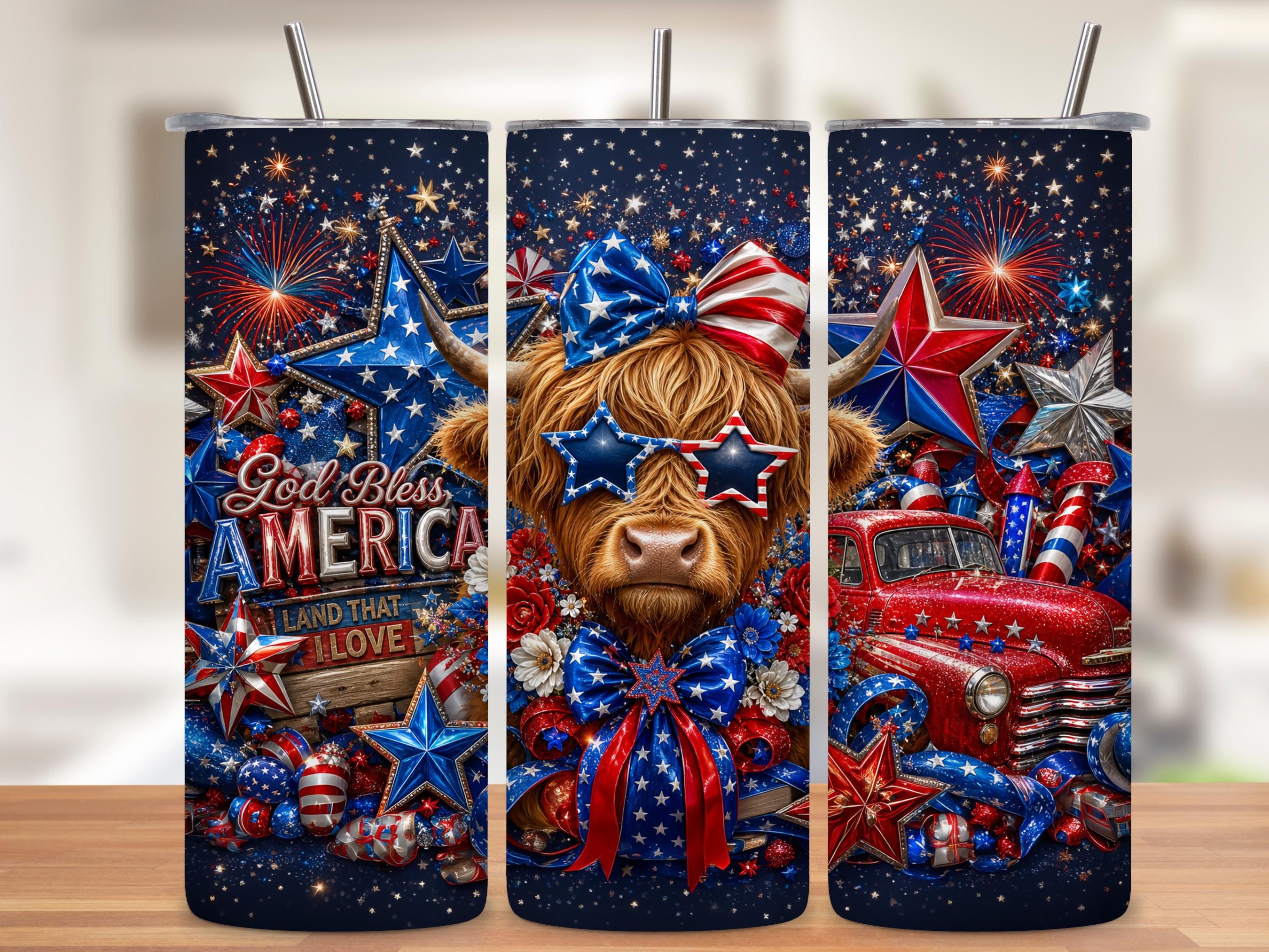 Patriotic Highland Cow Tumbler Wrap PNG with Mockups, God Bless America 4th of July 20oz Skinny Sublimation, Vintage Truck Seamless Download