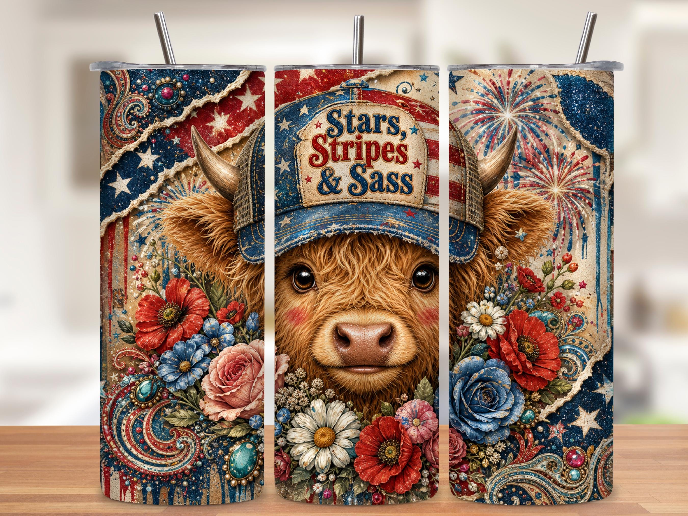 Stars Stripes and Sass Highland Cow Tumbler Wrap PNG with Mockups, Patriotic 4th of July 20oz Skinny Sublimation, Floral Vintage Seamless