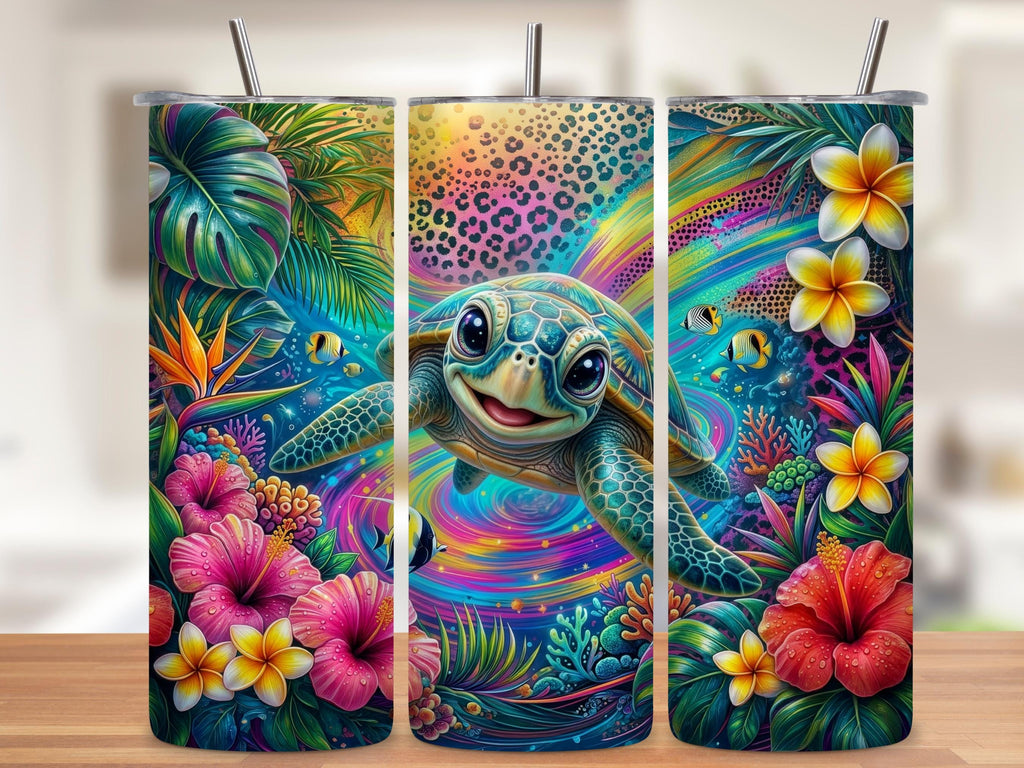 Sea Turtle Tropical Tumbler Wrap PNG with Mockups, Neon Leopard Plumeria Hibiscus 20oz Skinny Sublimation, Colorful Ocean Seamless Download