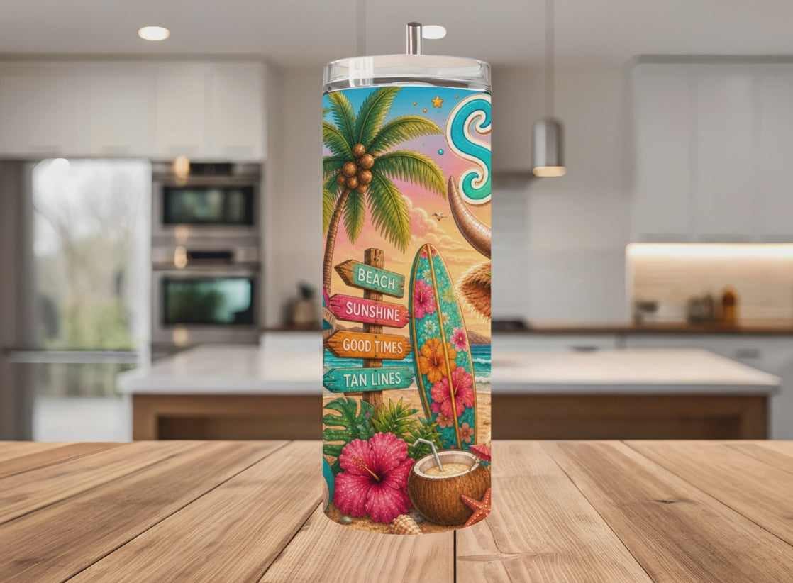 Summer Vibes Highland Cow Tumbler Wrap PNG with Mockups, Tropical Beach Surfboard 20oz Skinny Sublimation, Hibiscus Seamless Download