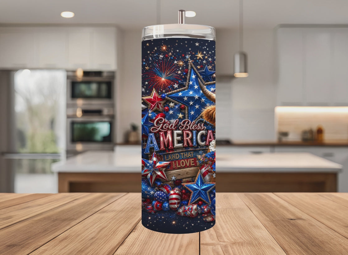 Patriotic Highland Cow Tumbler Wrap PNG with Mockups, God Bless America 4th of July 20oz Skinny Sublimation, Vintage Truck Seamless Download