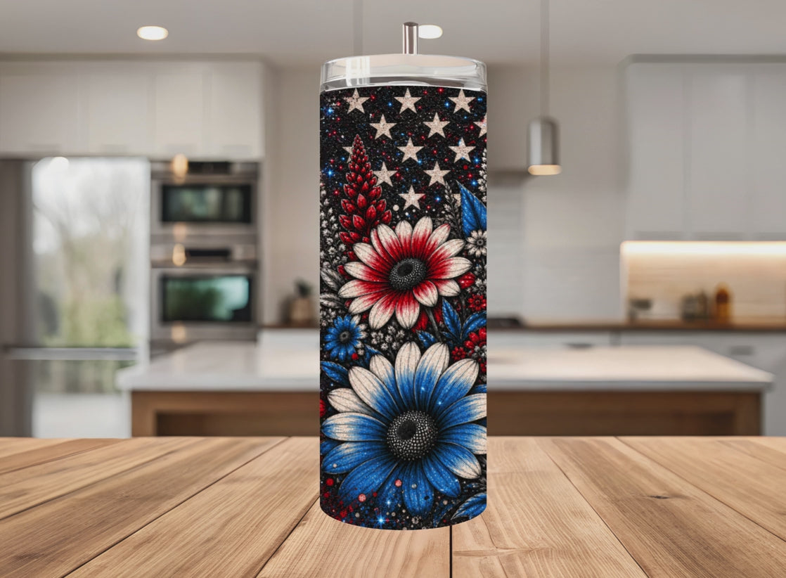 Patriotic Floral Tumbler Wrap PNG with Mockups, Red White Blue Daisies American Flag 20oz Skinny Sublimation, Glitter Seamless Download