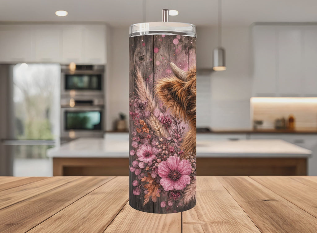 Rustic Highland Cow Tumbler Wrap PNG with Mockups, Vintage Wood Floral 20oz Skinny Sublimation, Dusty Pink Cow Seamless Digital Download