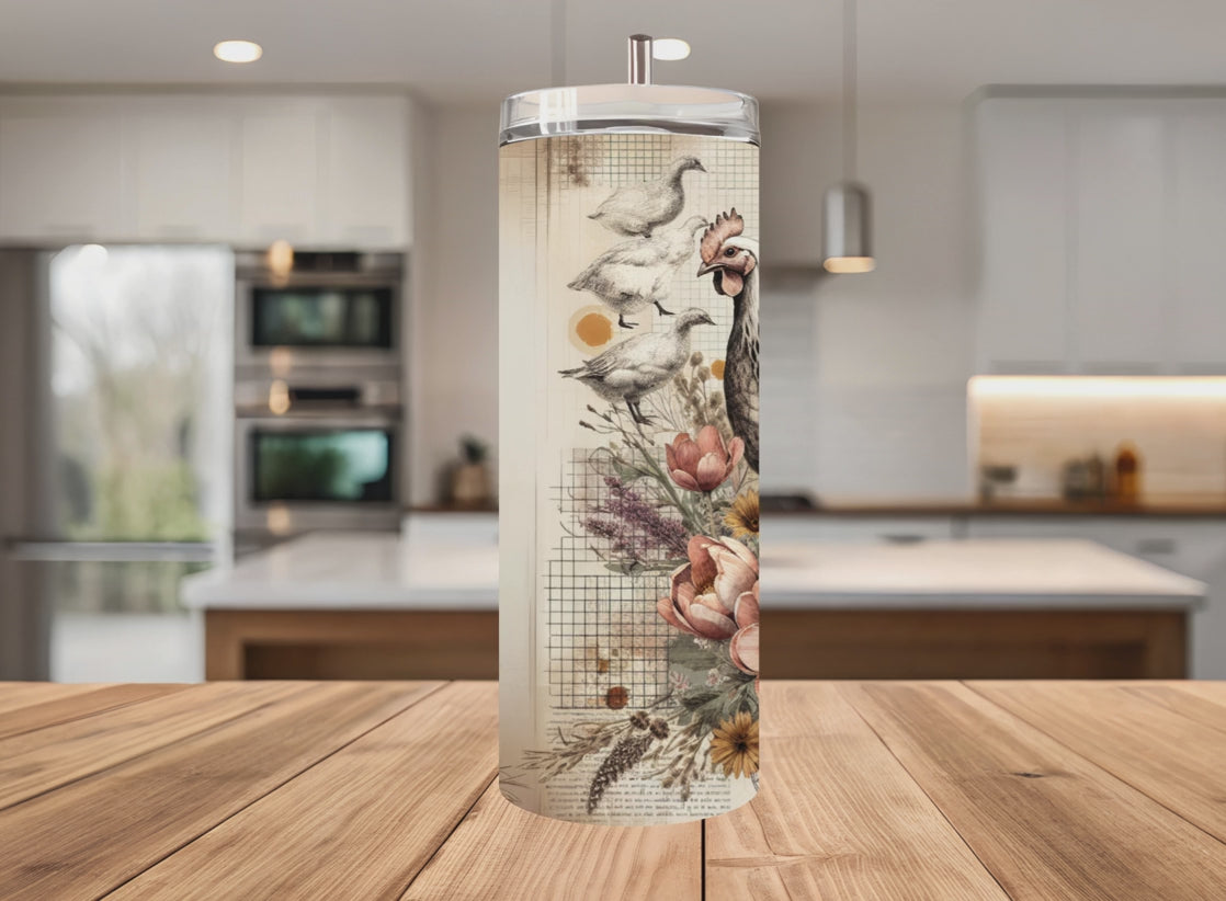 Seamless Vintage Chicken Floral Tumbler Wrap PNG | Digital Download for 20oz Skinny Tumblers  | Sublimation Design with Mockups
