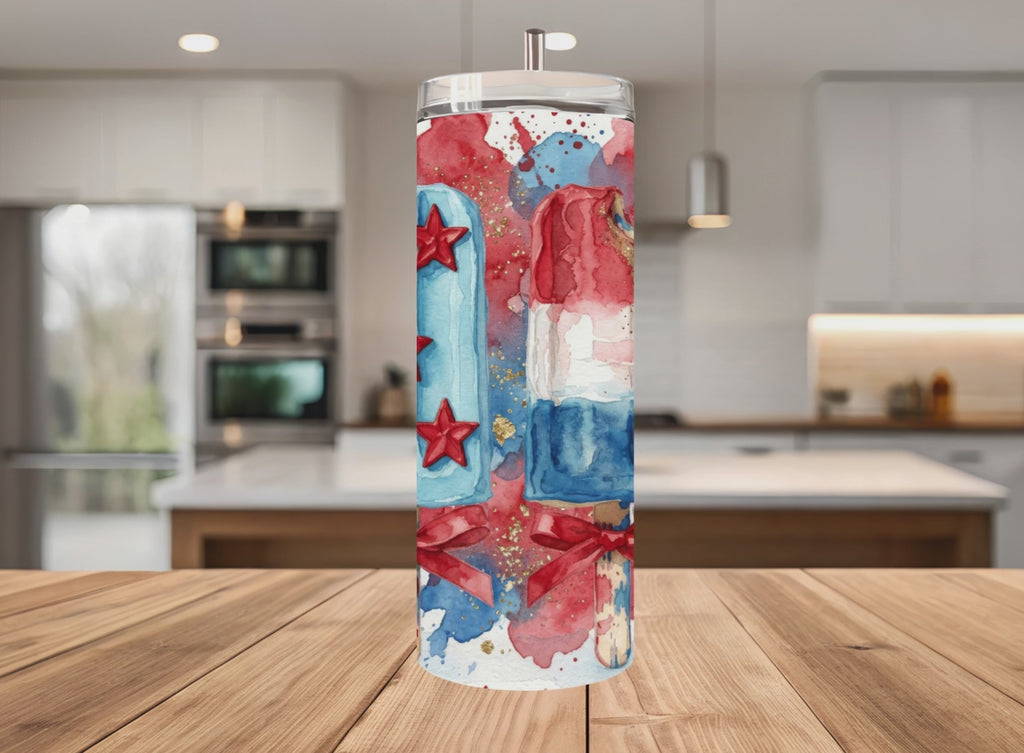 4th of July Patriotic Popsicle Tumbler Wrap PNG, Red White Blue Watercolor Summer, 20 oz Seamless Sublimation Tumbler Design, with Mockups