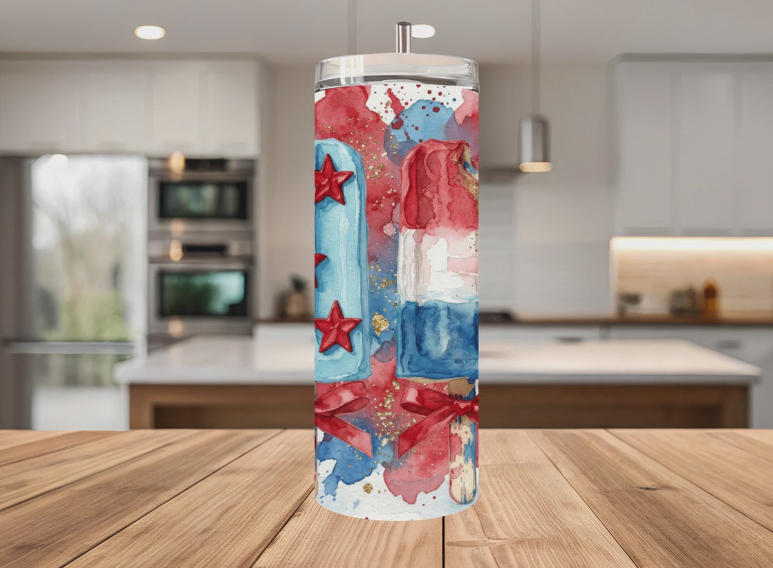 4th of July Patriotic Popsicle Tumbler Wrap PNG, Red White Blue Watercolor Summer, 20 oz Seamless Sublimation Tumbler Design, with Mockups