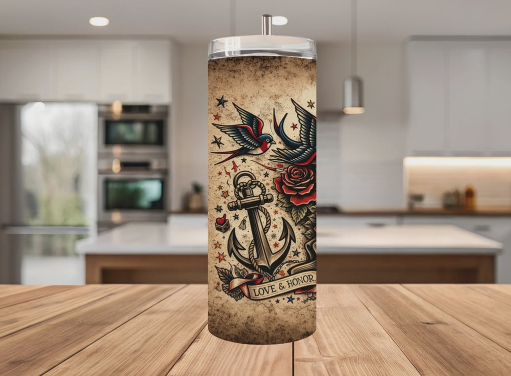 Dad Forever Tattoo Tumbler Wrap PNG Father's Day 20oz Skinny Sublimation Retro Biker Motorcycle Skull Design Seamless with Mockups