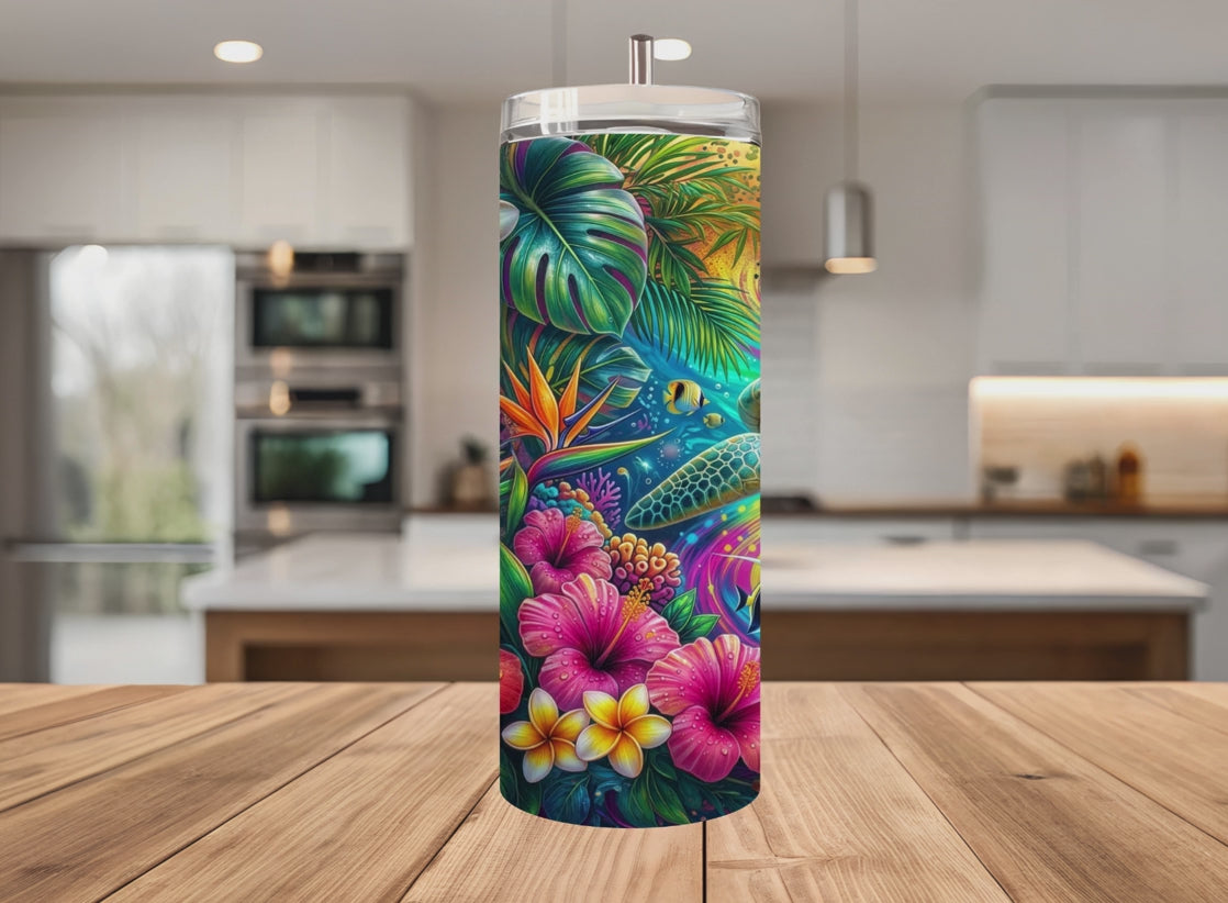 Sea Turtle Tropical Tumbler Wrap PNG with Mockups, Neon Leopard Plumeria Hibiscus 20oz Skinny Sublimation, Colorful Ocean Seamless Download