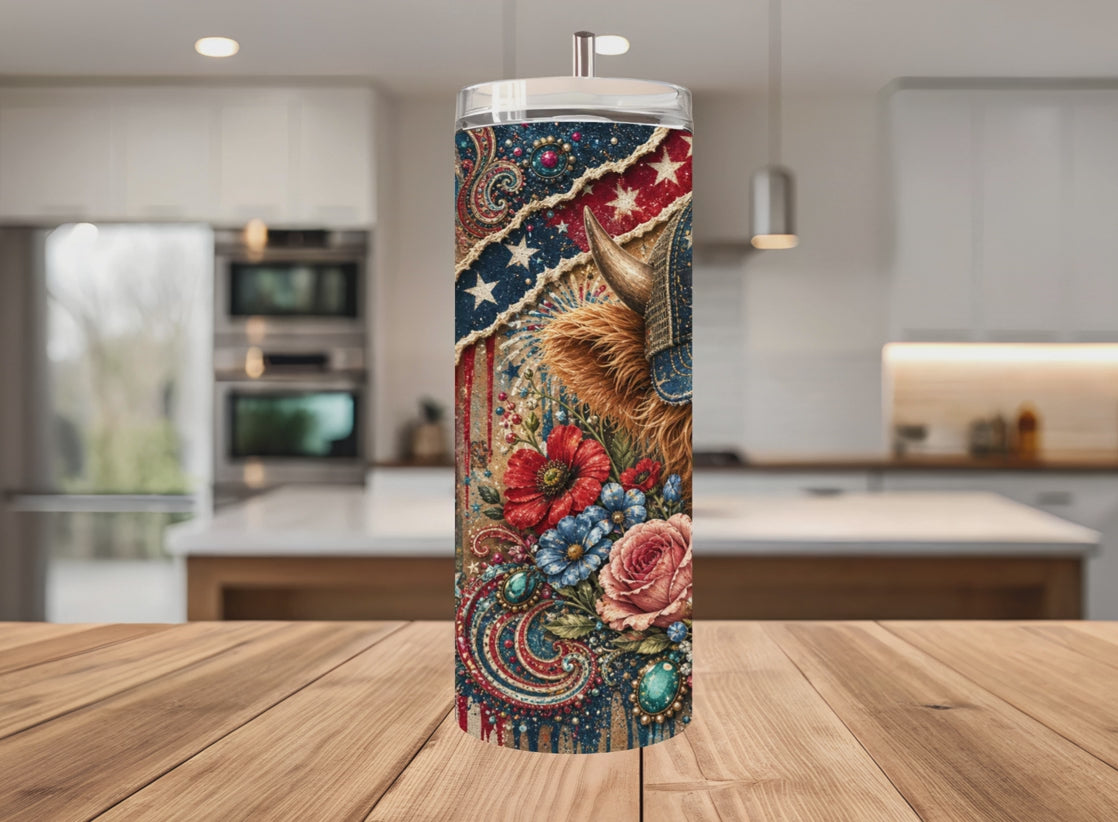 20oz Stainless Tumbler — "Stars, Stripes & Sass" Patriotic Cow Travel Cup