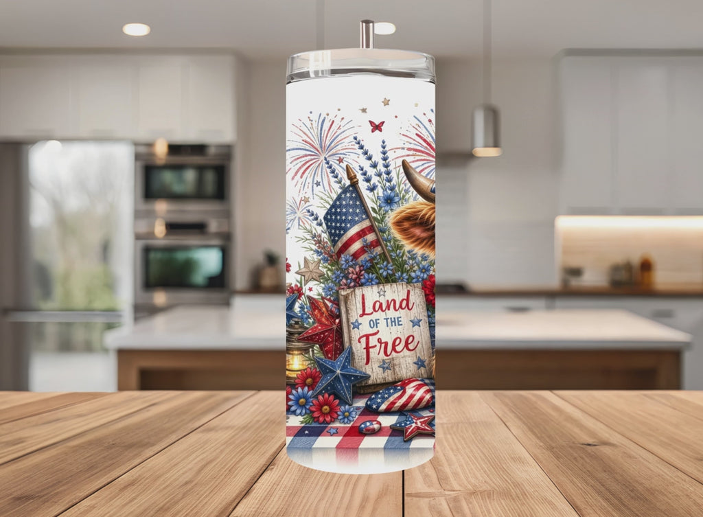 Patriotic Highland Cow Tumbler Wrap PNG 4th of July 20oz Skinny Sublimation Seamless with Mockups Digital Download