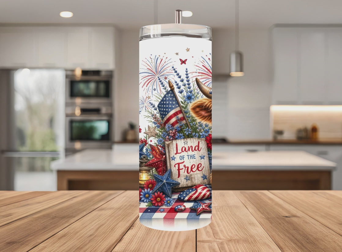 Patriotic Highland Cow Tumbler Wrap PNG 4th of July 20oz Skinny Sublimation Seamless with Mockups Digital Download