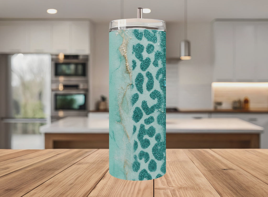 Teal Glitter Leopard Tumbler Wrap PNG with Mockups, Luxury Cowhide Agate Gold Foil 20oz Skinny Sublimation, Western Boho Seamless Download