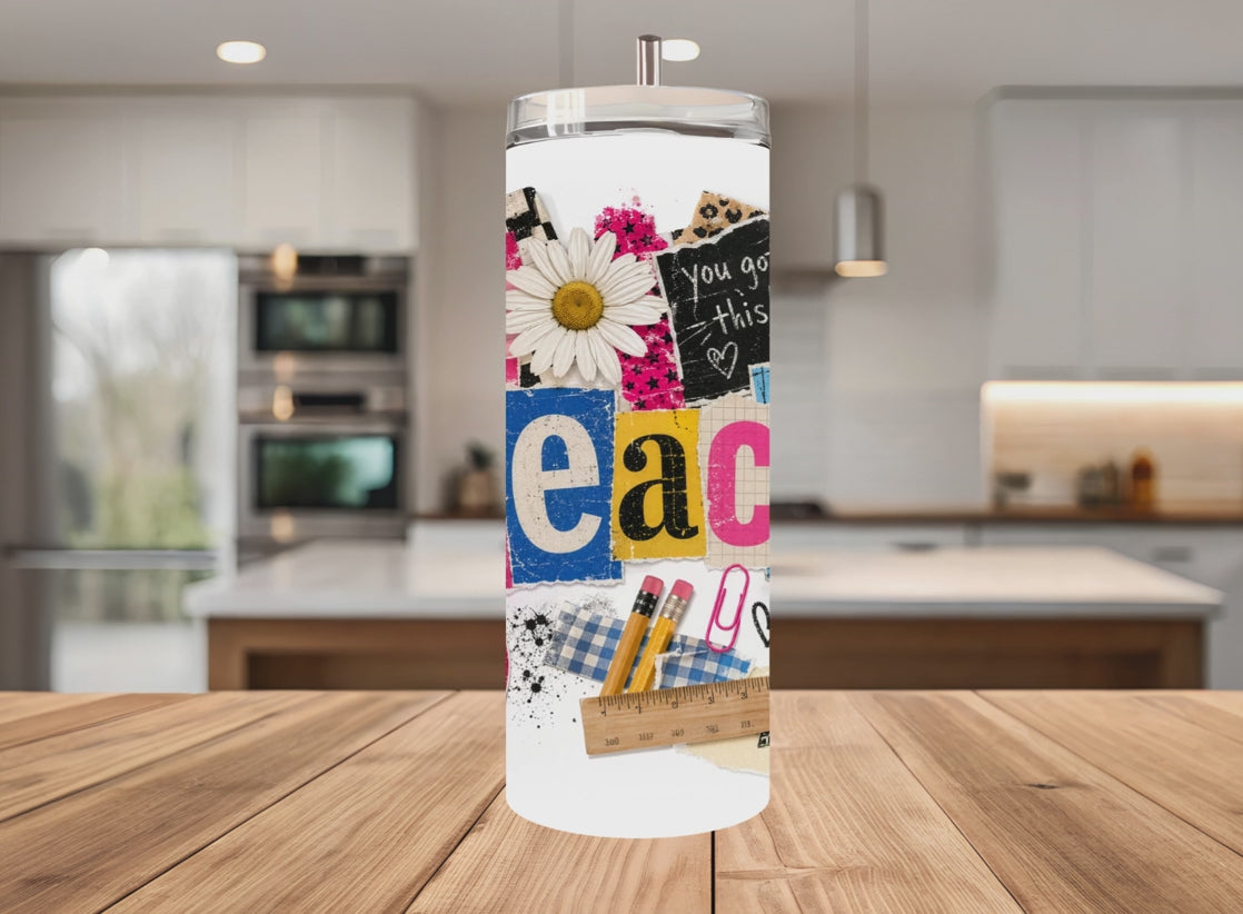 Retro Teacher Tumbler Wrap, 20oz Skinny Tumbler, 90s Grungy Scrapbook Teacher Appreciation Digital, Sublimation PNG, Seamless with Mockups