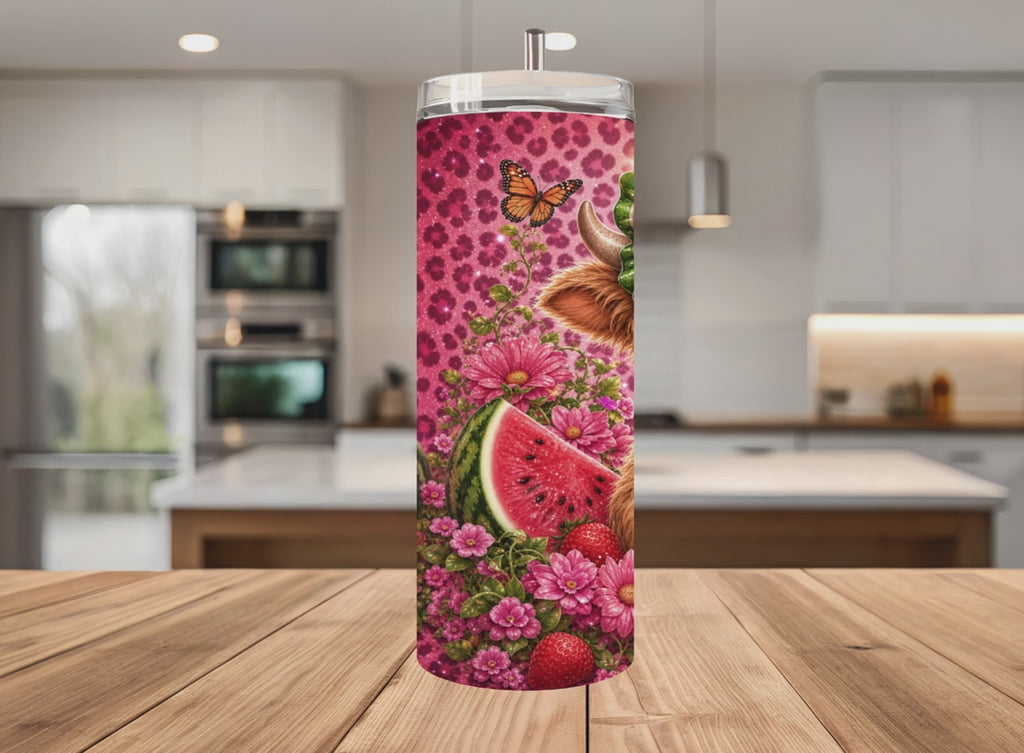 Watermelon Highland Cow Tumbler Wrap PNG with Mockups, Cute Pink Leopard Floral 20oz Skinny Sublimation, Summer Cow Seamless Download