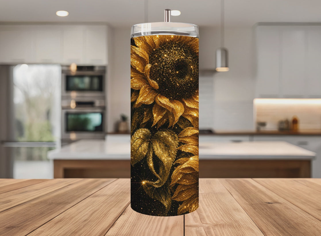 Black and Gold Glitter Sunflower Tumbler Wrap PNG, Leopard 20oz Skinny Sublimation Seamless Design with Mockups