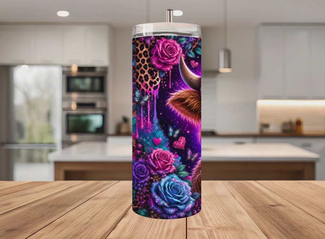 Salty Heifer Highland Cow Tumbler Wrap PNG with Mockups, Neon Leopard Glitter Rose 20oz Skinny Sublimation, Western Agate Seamless Download