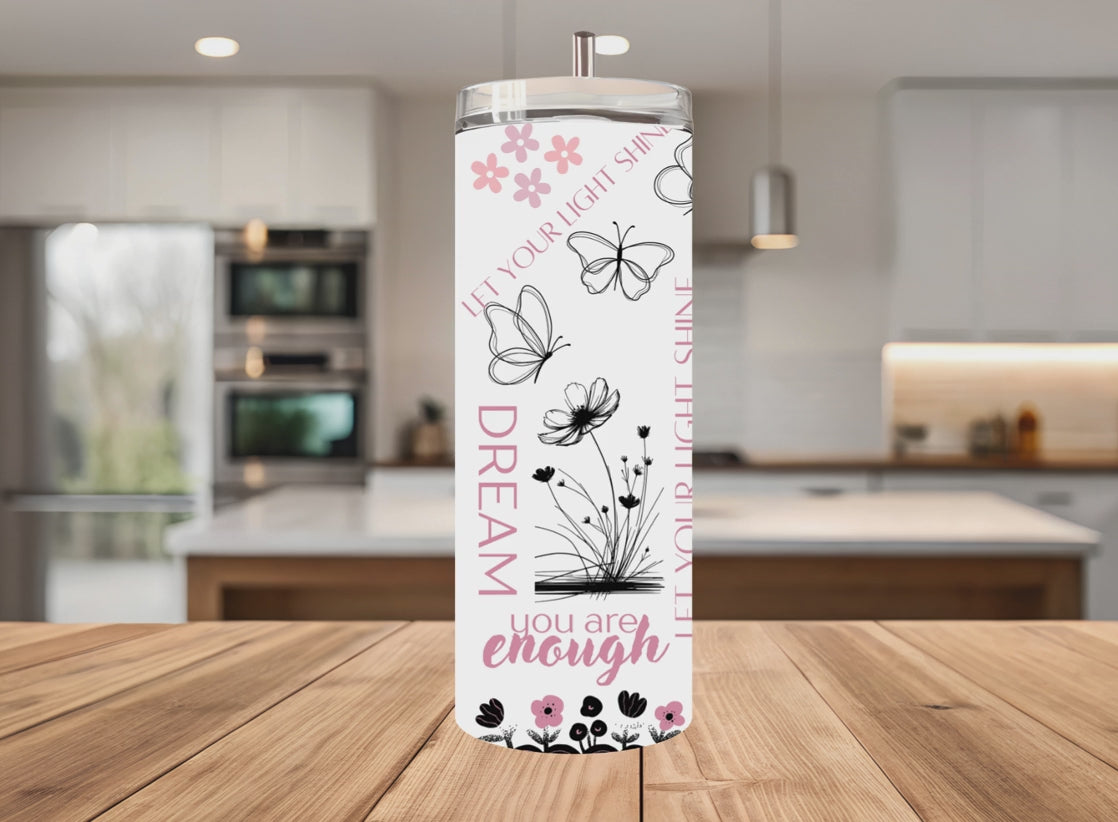 Inspirational Butterfly Tumbler Wrap PNG with Mockups, Positive Quotes Floral 20oz Skinny Sublimation, Just Breathe Seamless Download