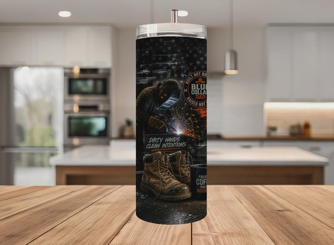 Blue Collar Dad Tumbler Wrap PNG, Father's Day 20oz Skinny Sublimation Design, Welder Truck Man Myth Legend Gift, Seamless with Mockups